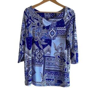 Chicos Travers Tunic Top Woman 2 US 12/14 Blue Paisley Patchwork V Neck Slinky